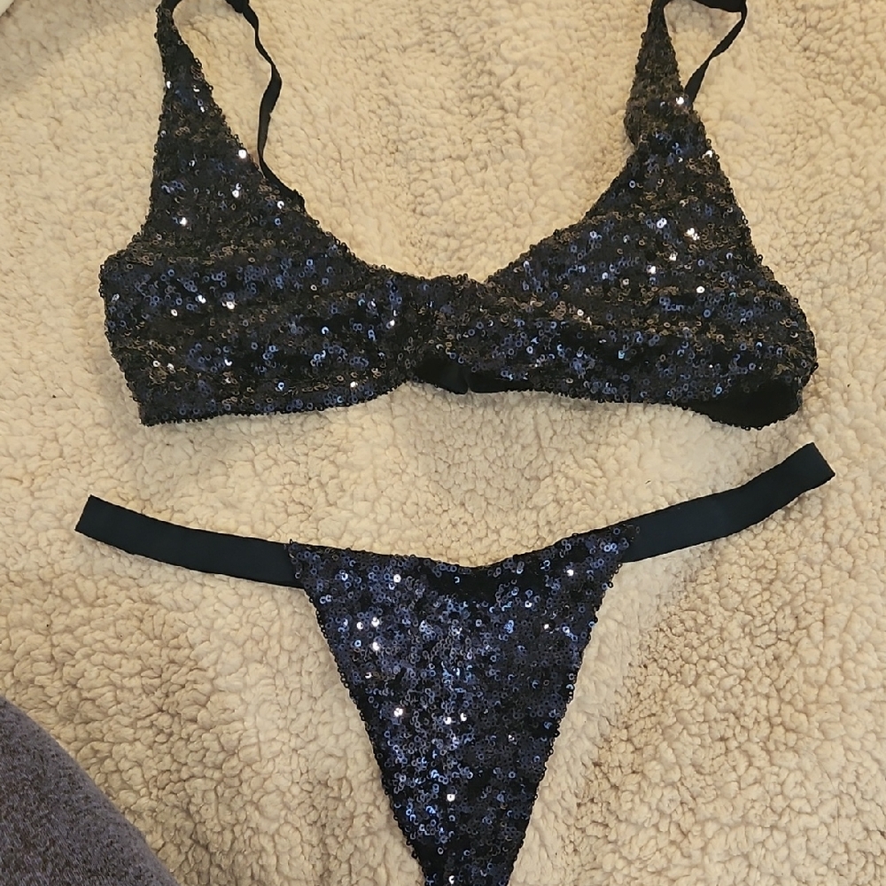 NWOT Only Hearts Black Sequin Bralette & Thong Set